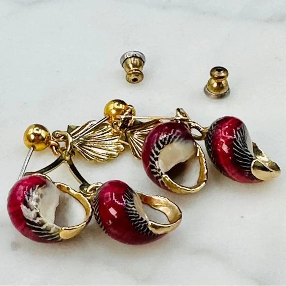 Hand Painted Small Shell Earrings in Burgundy and Gold Tone French Wire… - Picture 5 of 10